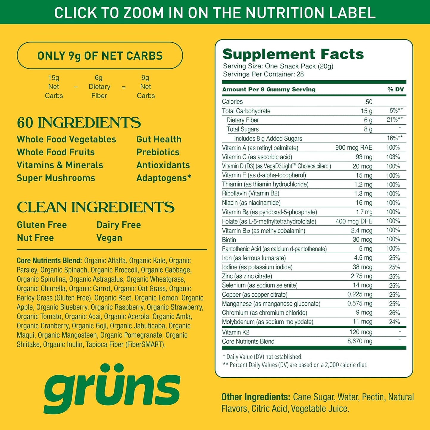 Gruns Adults Super Greens Multivitamin Gummies